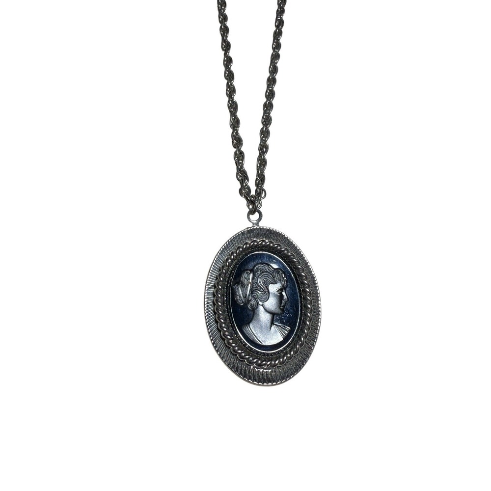 Vtg Silvertone Black Cameo Pendant Necklace Hematite Style Victorian Revival